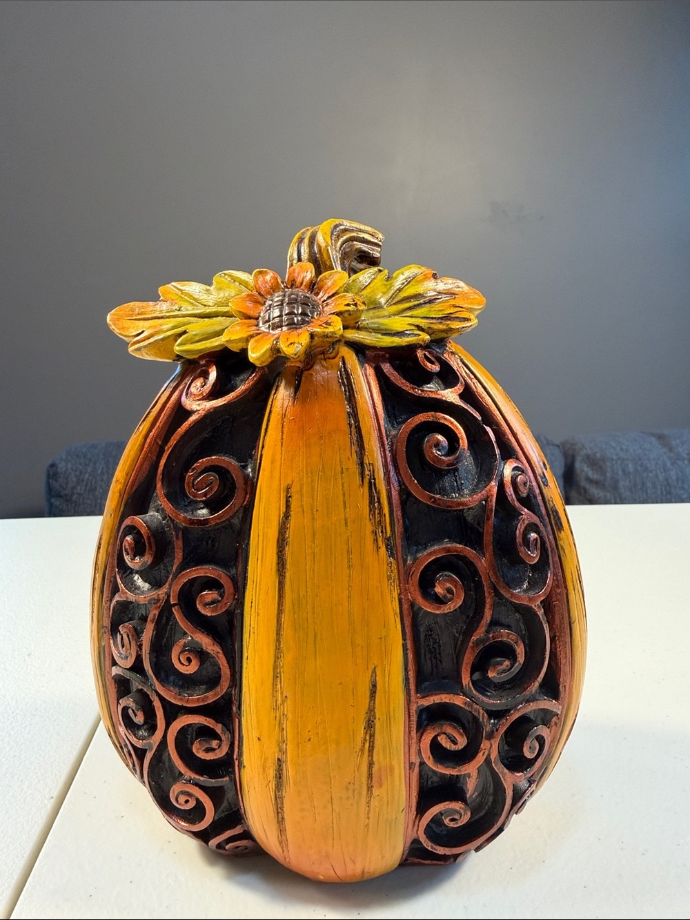 8” Decorative Pumpkin Sunflower Scrollwork Fall Harvest Decor